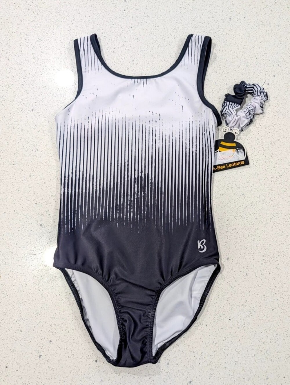 NEW Kbee Gymnastics Dance Leotard AL Adult Large Black White CONTRAST +SCRUNCHIE